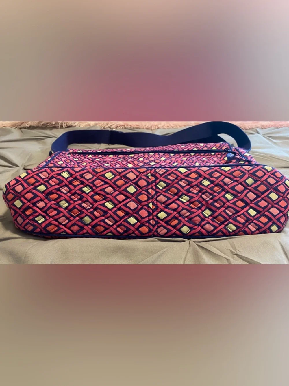 Vera Bradley Katalina Pink Diamonds Quilted Laptop Messenger Bag with Navy Strap